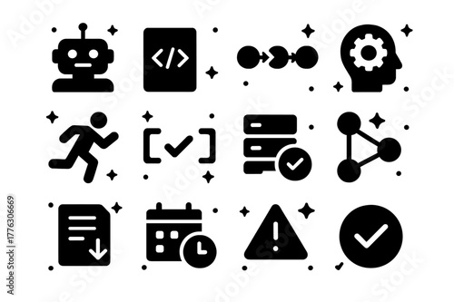 Automation Testing Icons. Automation testing. Solid icons set of automation testing: test bot, script code, CI pipeline, headless run, test runner, assertions
