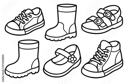 Children's Shoe Coloring. Footwear fashion children?s coloring book illustration, outlined drawing, cheerful