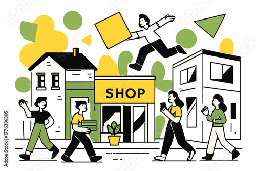 Urban Renewal Scene. Gentrification Processes. Wide street view showing older buildings, new shops, and floating abstract geometric shapes, urban renewal and