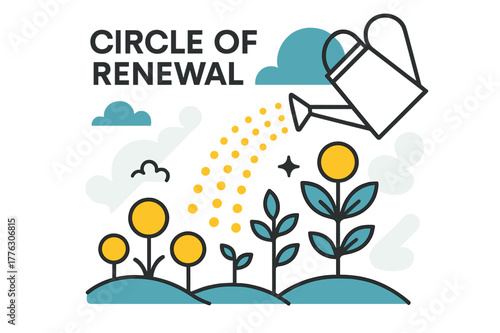 Circle of Renewal. Circle of Renewal. Watering can pours a stream of glowing dots onto a stylized field of circles turning into plants. Calm, uplifting