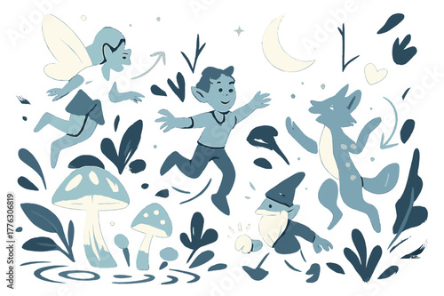 Enchanted Twilight Forest. Twilight forest. Magical creatures glowing softly under moonlight, bioluminescent