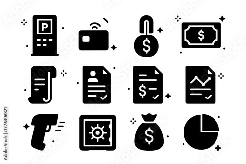 Parking Icons Set. Parking revenue management. Solid icons set of Parking revenue management: payment kiosk, contactless card, coin slot, banknote, receipt