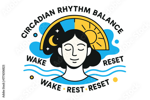 Sunrise Rhythm Harmony. Circadian Rhythm Balance. A sunrise clock arcs from night to day behind a calm face; ?Wake ? Rest ? Reset? floats in rhythm lines. Rays