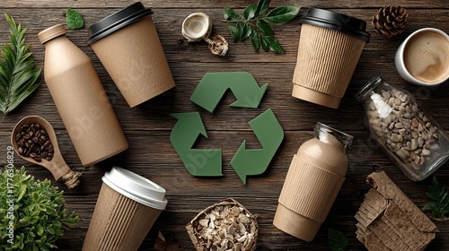 Warm wood overhead: green recycling arrow amid scattered recyclables, soft natural shadow, copy space—ideal for PSA, brand visual, mobile wallpaper, solar poster, art print.