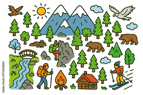 Playful Mountain Adventure. Mountain. Colorful Hand-drawn doodle Children illustration Mountain peaks, trees, rocks, snow, skiers, hikers, climbers, bears,