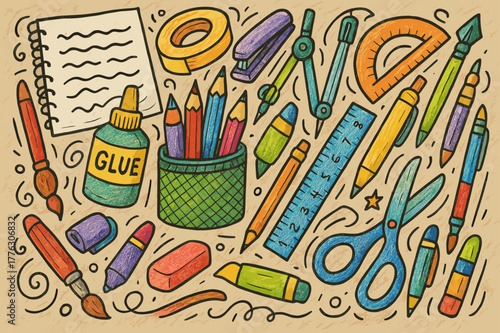 Colorful Doodle Supplies. Doodle Art. Hand-drawn doodle illustration Doodle Art, colored pencil, accented marker, colored paper, sketchbook, colored scissors,