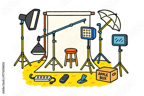 Cartoon Photo Studio Setup. Photo studio setup. Colorful Hand-drawn doodle Children illustration Photo studio setup C-stand, boom arm, softbox, umbrella, LED