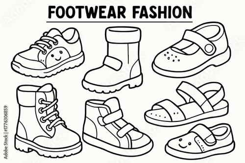 Children's Shoe Styles. Footwear fashion children?s coloring book illustration, outlined drawing, cheerful