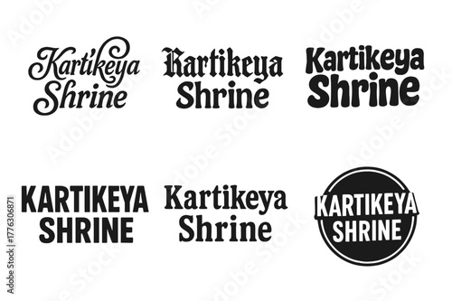 Diverse Lettering Styles. Karitkeya Shrine. Set lettering. harmonious lettering variations of the same emblematic concept, each with different artistic