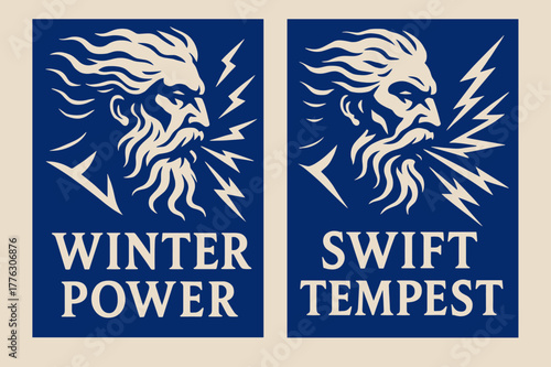 Boreas Winter Banners. Tempest Herald. Two vertical A6 banners with safe margins, centered composition, no elements touching edges, bold, cobalt and ivory,