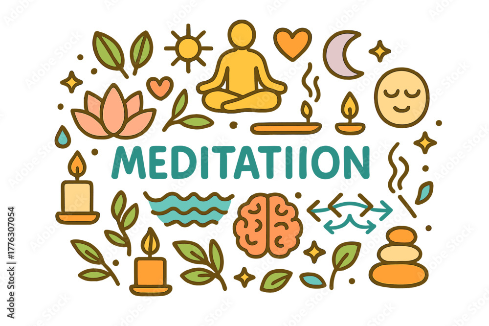 Obraz premium Vibrant Meditation Doodle. Meditation. Hand-drawn doodle illustration of Meditation. Sitting figure, lotus