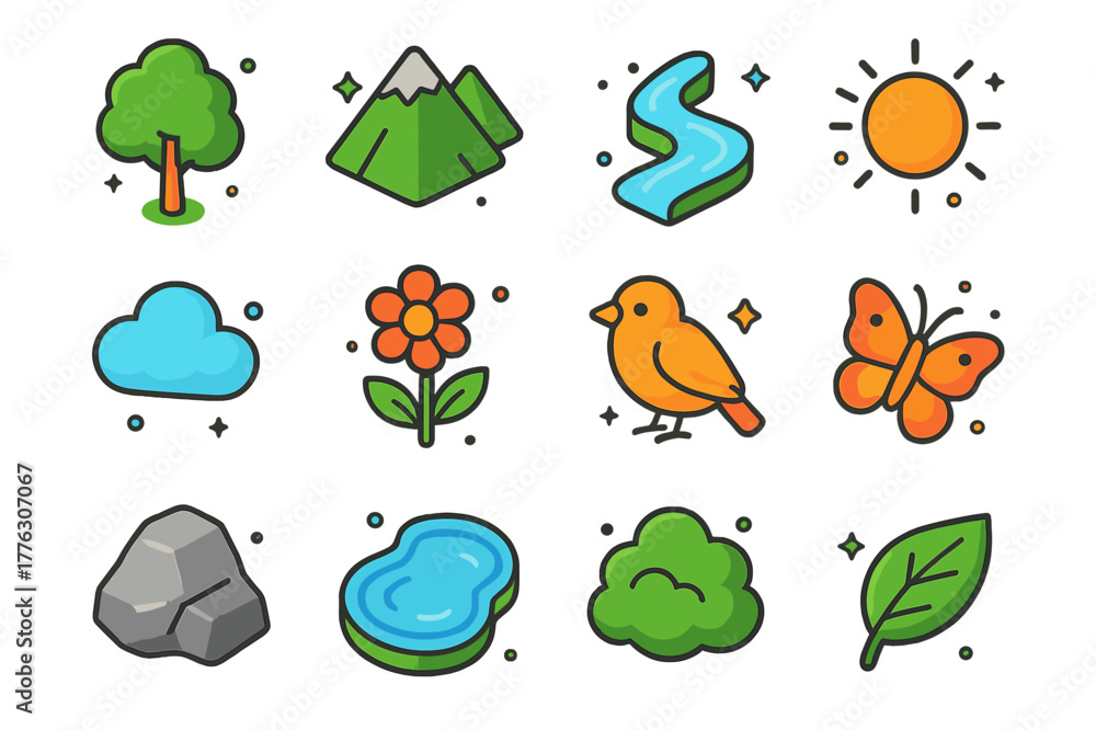 Obraz premium Isometric Nature Icons. Natural elements. Colorful isometric vector icons set of natural elements: tree, mountain, river, sun, cloud, flower, bird, butterfly,