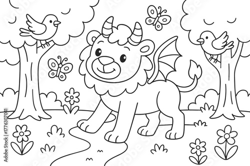 Chimera Forest Adventure. Friendly fantasy forest children?s coloring book illustration, outlined drawing, a cheerful chimera walking among trees with smiling
