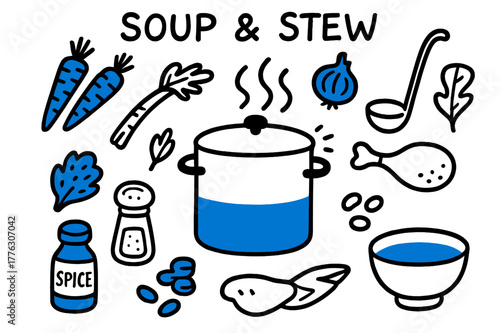Soup and Stew Doodles. // Soup and stew. Hand-drawn doodle illustration Soup and stew [stockpot (accented), ladle, carrots (accented), celery, onion