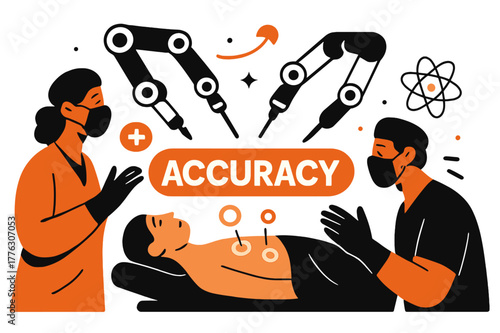 Surgical Robotics Precision. Healthcare Tech ? Robotics in Surgery. Robotic arms extend delicately over a stylized patient; soft circles mark precision points.
