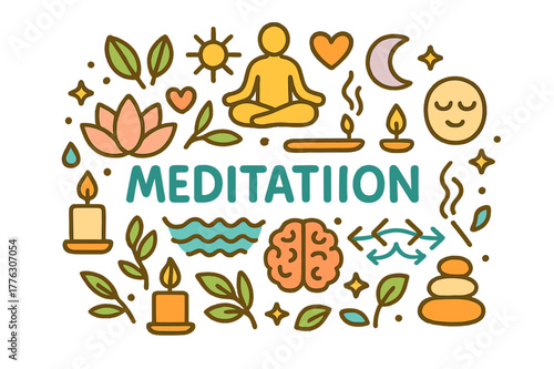 Vibrant Meditation Doodle. Meditation. Hand-drawn doodle illustration of Meditation. Sitting figure, lotus