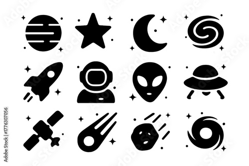 Space Icon Collection. Space. Solid icons set of Space: planet, star, moon, galaxy, rocket, astronaut, alien, spaceship, satellite, comet, meteor, blackhole.