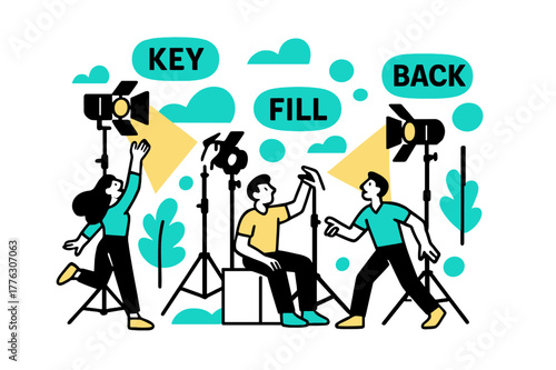 Filming Lighting Setup. Behind-the-scenes filming ? Lighting setup. C-stands rise like graphic trees; barn doors flare as beams turn into neat triangles. ?KEY