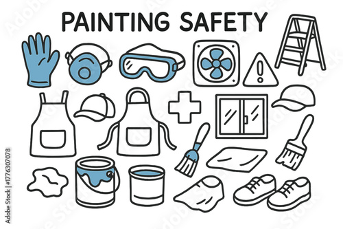 Painting Safety Essentials. Painting safety. Hand-drawn doodle illustration painting safety [gloves (accented), mask (accented), goggles (accented), step
