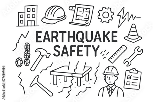 Earthquake Safety Doodles. Earthquake Safety. Hand-drawn doodle illustration of Earthquake Safety. building,