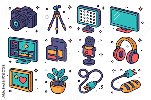 Vlogging Setup Icons. Vlogging setup. Colorful isometric vector icons set of vlogging setup: DSLR camera, tripod, LED light panel, laptop, editing monitor,