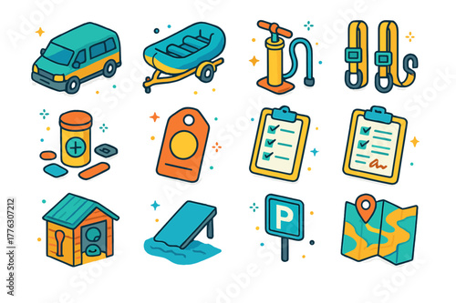 Shuttle Icons Set. Shuttle and logistics. Colorful isometric vector icons set of Shuttle and logistics: shuttle van, raft trailer, high-volume air pump,