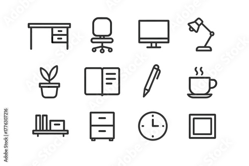 Functional Office Icons. Functional office. Line outline icon set of functional office: desk, chair, computer