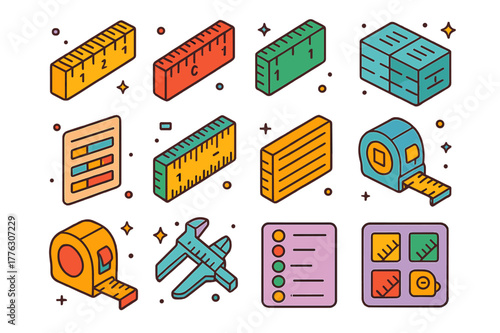 Metric & Imperial Icons. Metric and imperial. Colorful isometric vector icons set of Metric and imperial: millimeter scale, centimeter scale, inch scale,