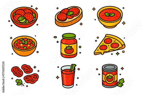 Tomato-Based Delights. Tomato-based kitchen creations. Colorful isometric vector icons set of Tomato-based kitchen creations: fresh tomato salad, bruschetta,