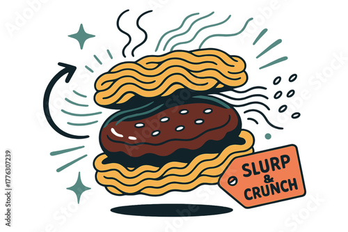 Ramen Burger Delight. Ramen burger. Steamy noodle ?buns? press around a glossy patty; noodles spring into rhythm lines. A tag reads ?Slurp & Crunch? as sesame