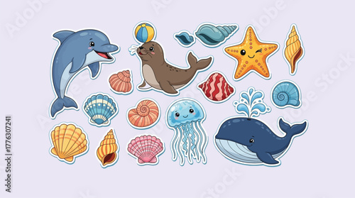 Cute sea animals stickers set cartoon vector illustration isolated design