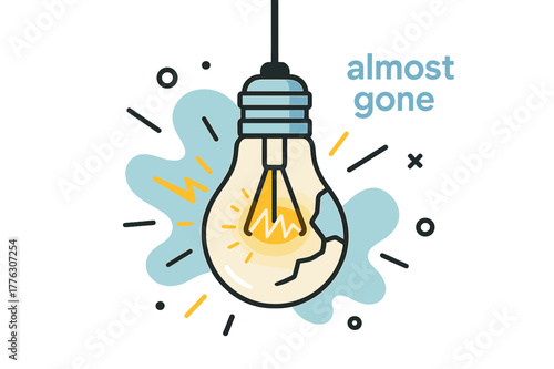 Flickering Bulb Glimmer. Broken Light Bulb. A hanging bulb flickers, its filament forming quick zigzag sparks before dimming. Text tag ?almost gone? hovers
