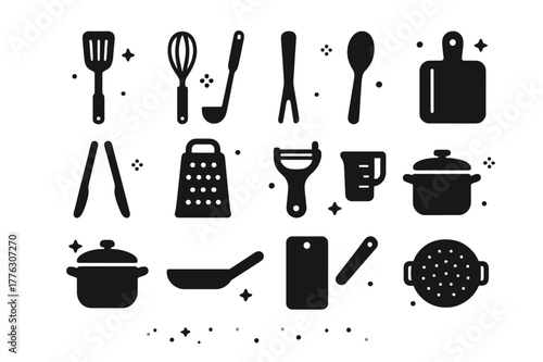 Cooking Utensil Icons. Cooking Utensils. Solid icons set of Cooking Utensils: spatula, whisk, ladle, wooden spoon, tongs, grater, peeler, measuring cup, pot,