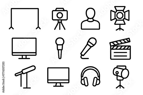 Chroma Key Icon Set. Chroma key setup. Line outline icon set of chroma key setup: green screen, camera, tripod