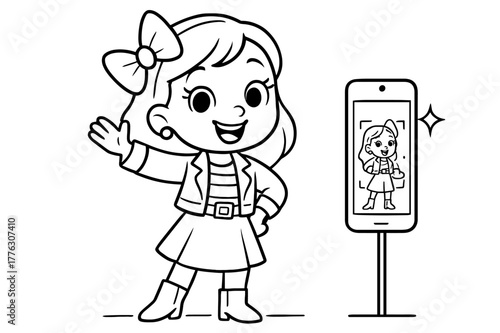 Fashionista Kids Coloring Book. Fashion influencer children?s coloring book illustration, outlined drawing,