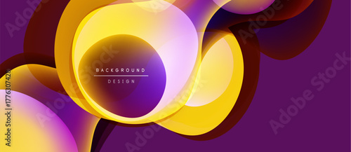Abstract design features overlapping circles, gradients. Purple, yellow hues dominate composition. Modern aesthetic, dynamic flow.