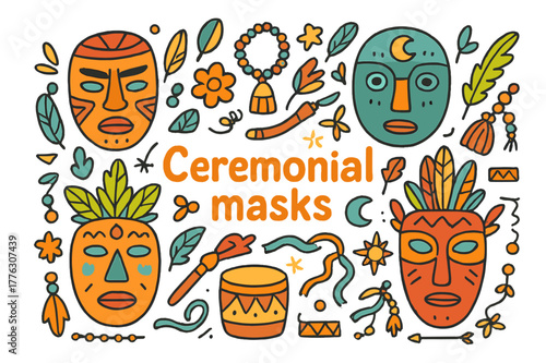 Ceremonial Mask Doodles. Ceremonial masks. Hand-drawn doodle illustration of ceremonial masks. Mask, feathers,