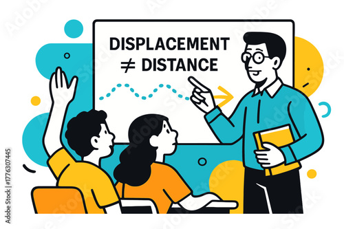 Physics Concept Illustration. Physics Classroom Example. Teacher points to a whiteboard where ?Displacement ? Distance? appears beside two distinct line