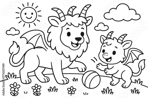 Chimera Family Playtime. Mythical creature family children?s coloring book illustration, outlined drawing, a chimera parent and a baby chimera playing with a