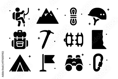 Outdoor Adventure Icons. Outdoor Adventure. Solid icons set of Outdoor Adventure: climber, mountain, rope, helmet, backpack, ice axe, crampons, cliff, tent,