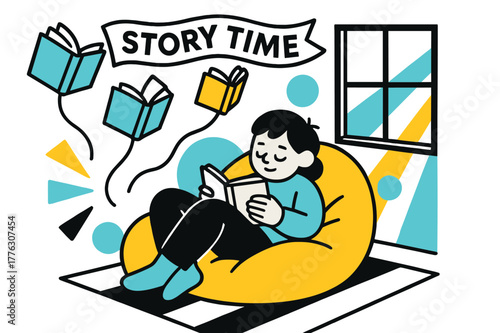 Floating Books Playroom. Playroom ? Cozy reading corner. A kid curls up on a beanbag while floating books drift like kites; a paper banner whispers ?STORY