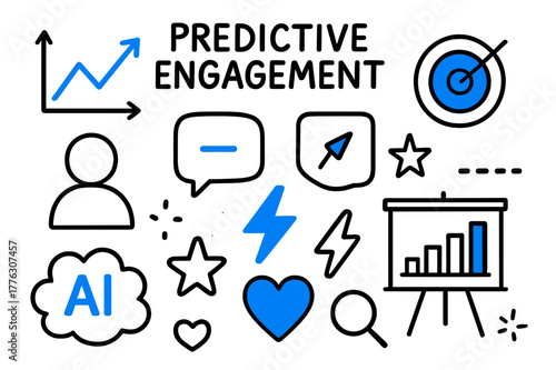 Predictive Engagement Icons. // Predictive engagement. Hand-drawn doodle illustration Predictive engagement [graph forecast (accented), target (accented),