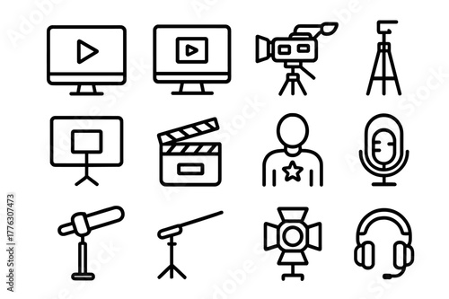 Video Editing Icons. Video editing. Line outline icon set of video editing: computer, monitor, green screen,