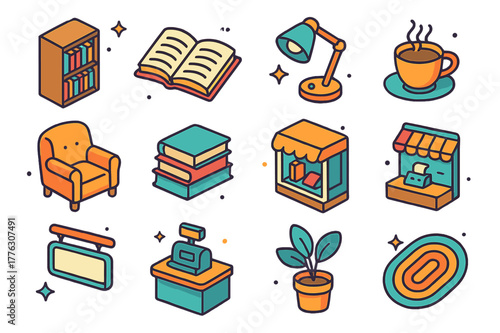 Cozy Bookshop Icons. Small cozy bookshops. Colorful isometric vector icons set of small cozy bookshops: bookshelf, open book, reading lamp, coffee cup,