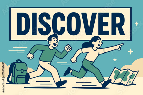 Explore Adventure Banner. Let's discover banner, flat vector illustration, bold oversized text inside rectangular frame, cartoon characters running and