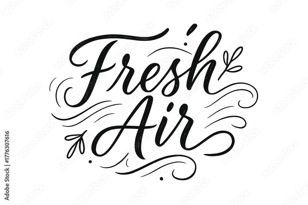 Fototapeta premium Fresh Air Lettering. Fresh Air ? brush script hand-lettering with fluid semi-cursive strokes, elegant thin connectors, fast brush accents; composition: