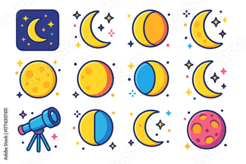 Colorful Moon Phase Icons. Moon cycle. Colorful isometric vector icons set of moon cycle: new moon, waxing crescent, first quarter, waxing gibbous, full moon,