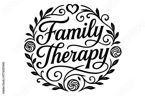 Elegant Family Therapy. Family Therapy ? flourished classic ornamental lettering; medium-weight strokes with elegant swashes and balanced curls; circular