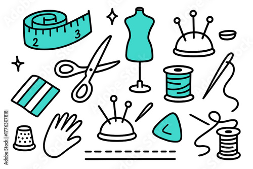 Tailor's Tools Doodle. // Tailor?s measuring tape. Hand-drawn doodle illustration Tailor?s measuring tape [soft tape coil (accented), centimeter