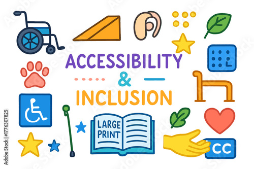 Inclusion Icons Collection. Accessibility & Inclusion. Colorful Hand-drawn doodle Children illustration Accessibility & Inclusion wheelchair icon, ramp,